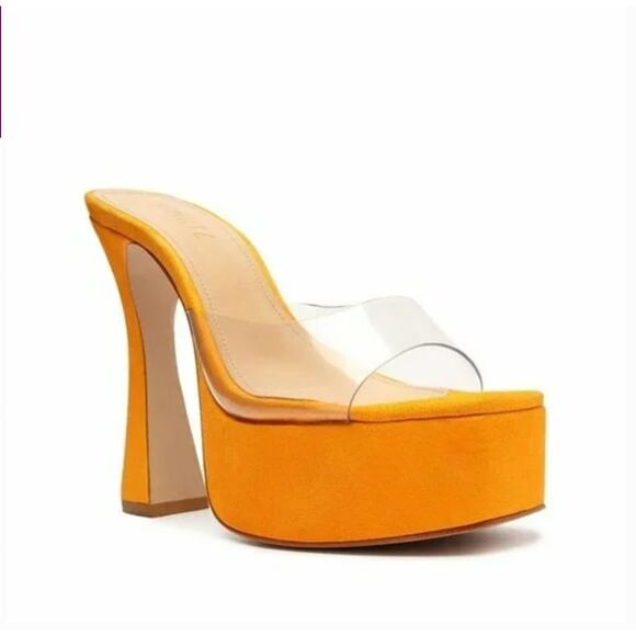 Schutz Haila Vinyl Suede Platform Sandals 10 Yellow Bright Sun Heels Womens - Picture 2 of 8